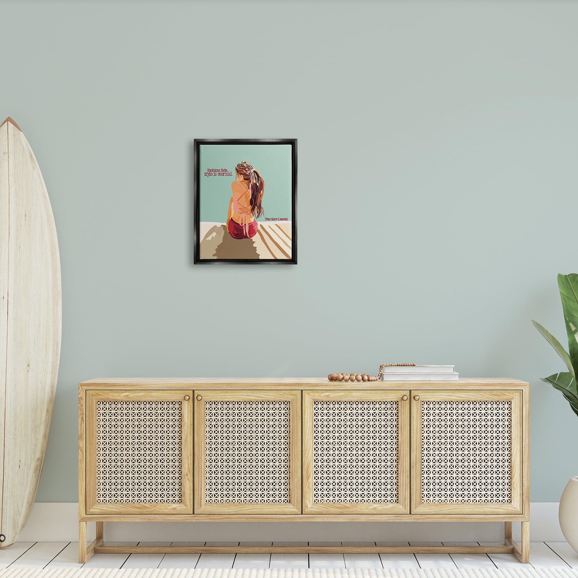 Stupell Industries Style is Eternal Motivating Fashion Quote Beach Woman Graphic Art Jet Black Floating Framed Canvas Print Wall Art, Design by Amelia Noyes