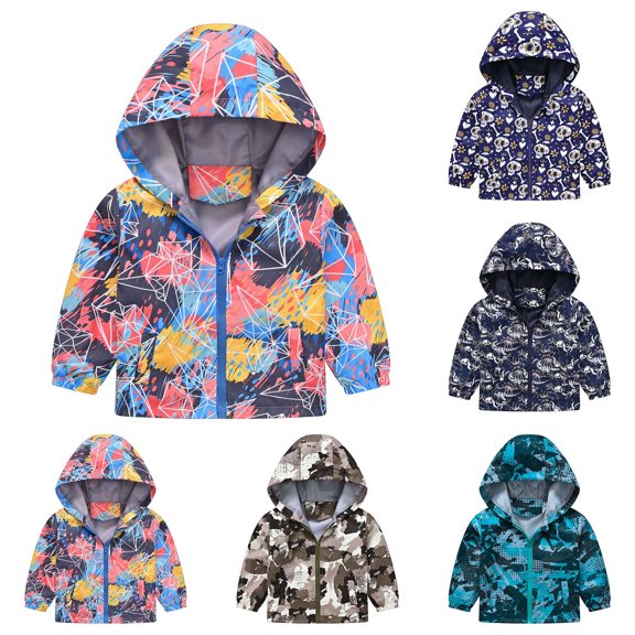 LRen Kids Graffiti Print Hooded Windbreaker Jacket, Lightweight Zip Up Spring Coat for Boys Girls, Outdoor School Street Style