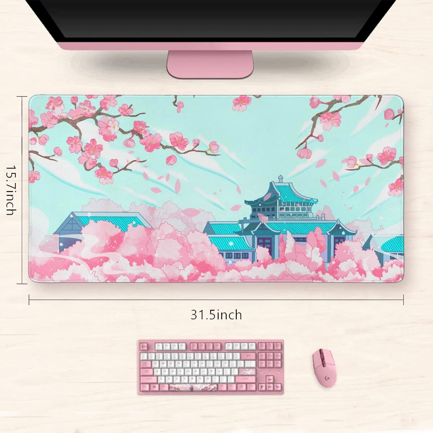 31.5x15.7in Japanese Cherry Blossom Mouse Pad Pink Mousepad No Slip Rubber Base Extended Desk Mat for Office Work Home Writing Gaming