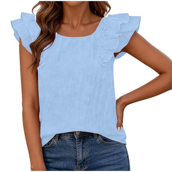 Uootdi Womens Ruffle Tops Crew Neck Short Sleeve Solid Color Bow Back Blouses Casual Loose Lightweight Soft Comfy Daily Wear Shirts Gift