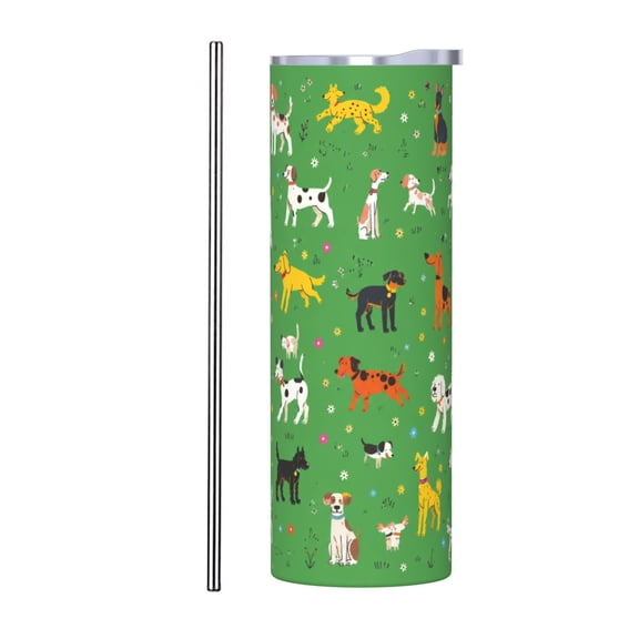 Funny Dog Pattern 20oz Insulated Tumbler Colorful Puppy Pet Lover Travel Cup with Handle and Straw Lid with Stainless Steel Straw