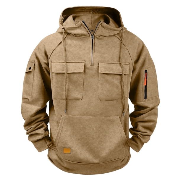 Dolkfu Sudadera con capucha de color sólido para hombre, sudadera de fitness con cuarto de cremallera y múltiples bolsillos, ropa deportiva para hombre L
