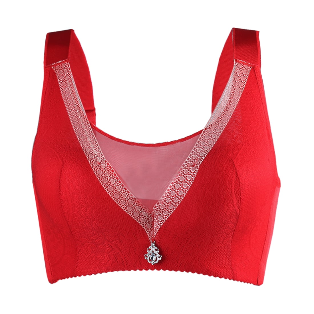 Women Lace Front Wider Straps Push Up Thin Cup Wirefree Cami Bra Red 36 ...