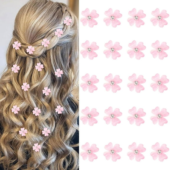 20Pcs Mini Pink Flower Hair Clips with Rhinestone Cute Hair Pins Decorative Hair Clips Wedding Hair Barrettes Bridal Hair Accessories for Girls Women