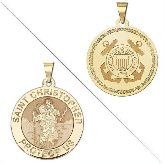 Saint Christopher Doubledside COAST GUARD Religious Medal  2/3 Inch Solid 14K Yellow Gold