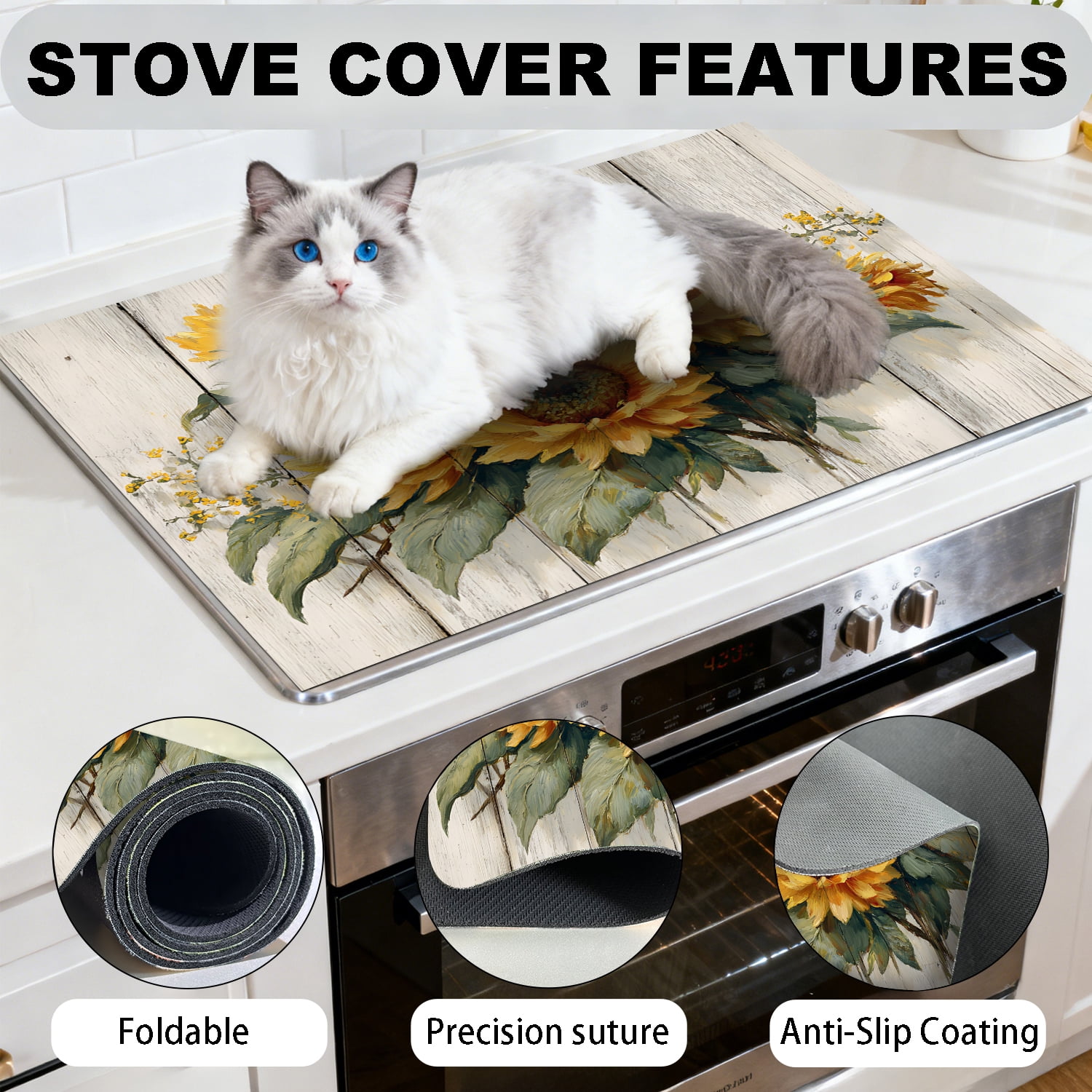 Stove Top Cover for Electric Stove, 28"x20" Heat Resistant Anti-Slip Glass Cooktop Protector Mat, Foldable Roll Up Stove Cover for Kitchen Counter Space, Dish Drying Mat, Sunflower