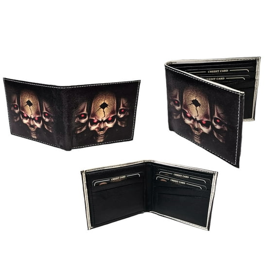 Handcrafted Vegan Leather Bi-Fold Wallet (Skull With Red Eyes) Holds 9  Credit Cards, Plus I.D. Card, Cash