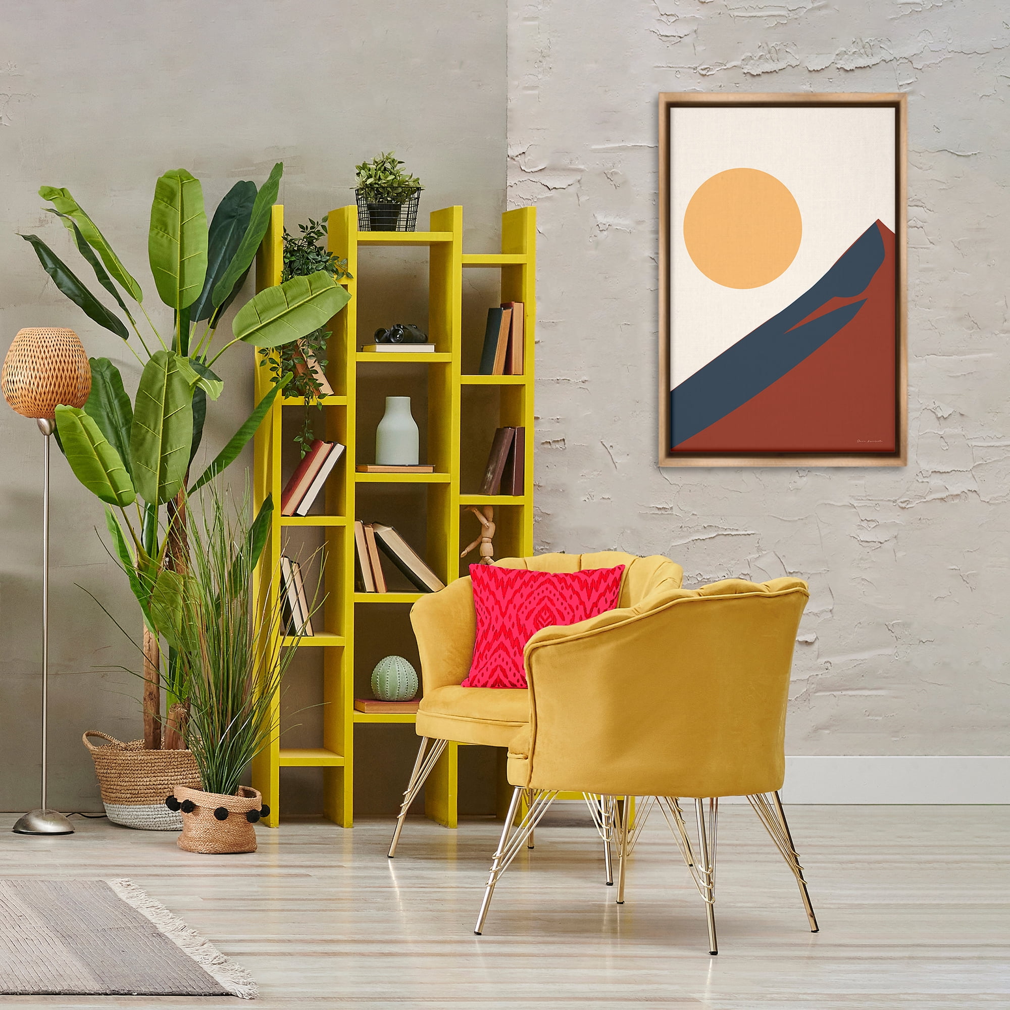 Stupell Industries Boho Mountain Peak & Sun Landscape & Nature Painting Brown Floater Framed Canvas Art Print Wall Art, 21 x 31