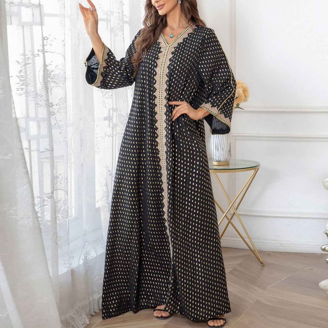 Amzcrzy Robes Musulmanes pour Femmes Robe en Polyester Mode Décontractée Imprimée Manches Longues Col en V Robe Cheville Robes Longues pour Femmes