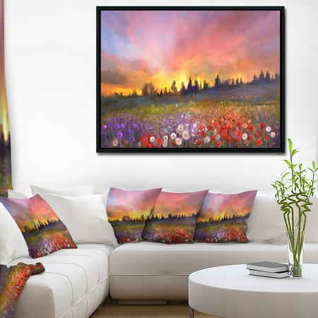 Large Dandelion DESIGN ART Designart 'Field of Poppy Dandelion and Daisy' Large Floral Framed Canvas Artwork ()