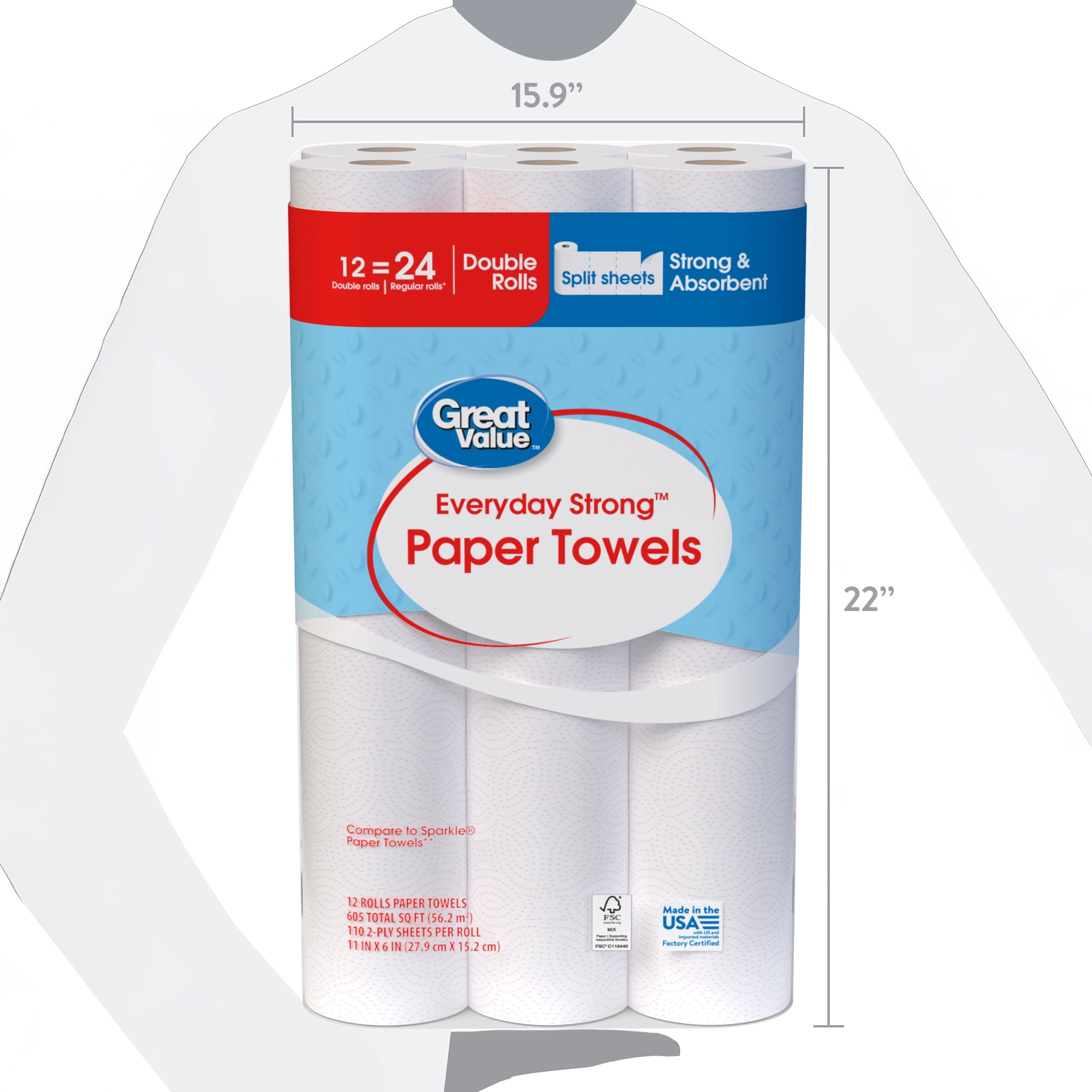 Great Value Everyday Strong Paper Towels, 12 Double Rolls