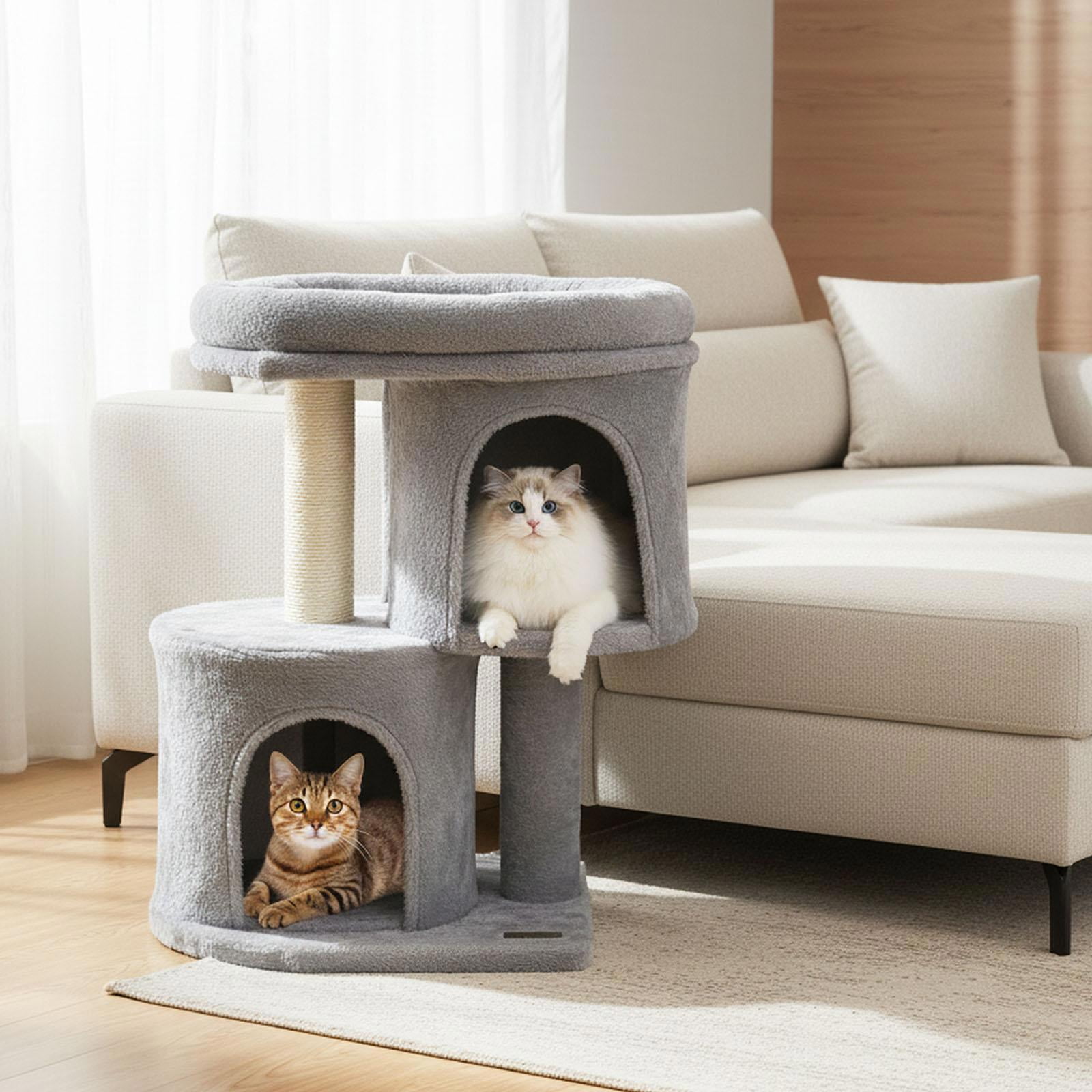 YYAo 26 Inch Cat Tower with Large Padded Push Perch and Dual Condos, Cat Tree for Indoor Cats, Cat Tree for Indoor Cats, Light Gray
