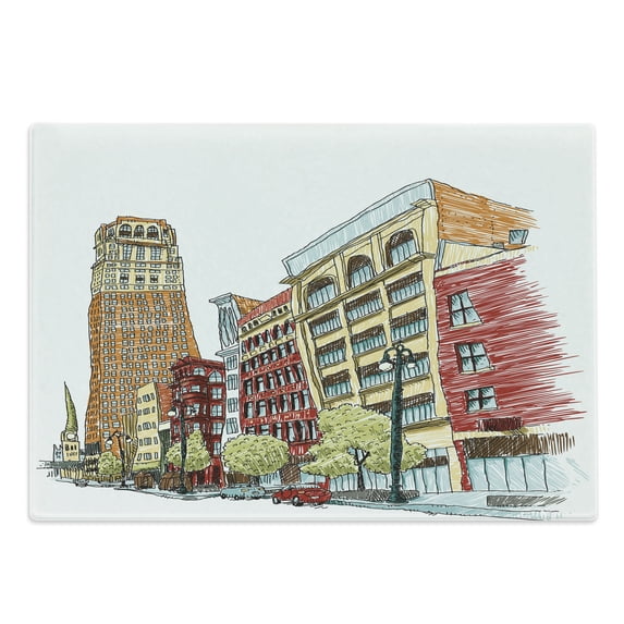 Detroit Cutting Board, Buildings on Woodward Avenue in the Downtown Detroit Sketchy Urban Scene, Decorative Tempered Glass Cutting and Serving Board, Large Size, Multicolor, by Ambesonne