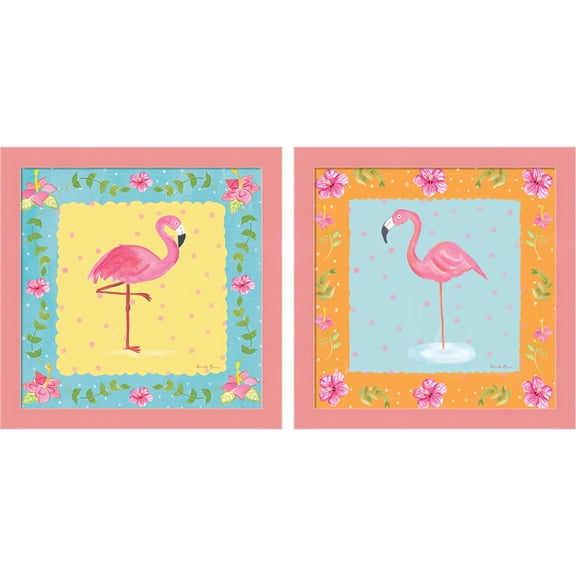Great Art Now Flamingo Dance Border by Farida Zaman, 2 Piece Framed Art Set Each 14"W x 14"H