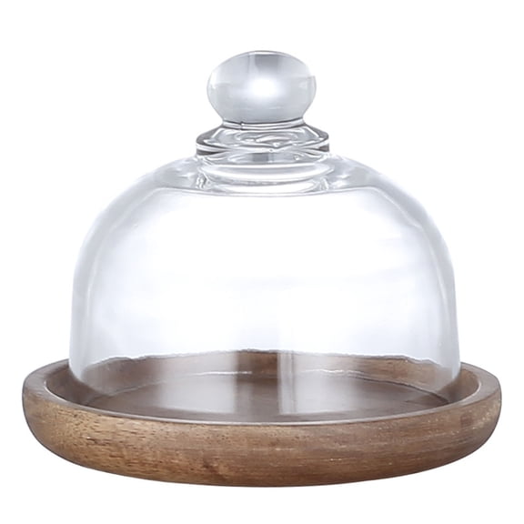 Glass Butter Dish - Wooden Tray, Transparent Dome Lid, Multipurpose - Holder for Cake, Cookies & Fruits
