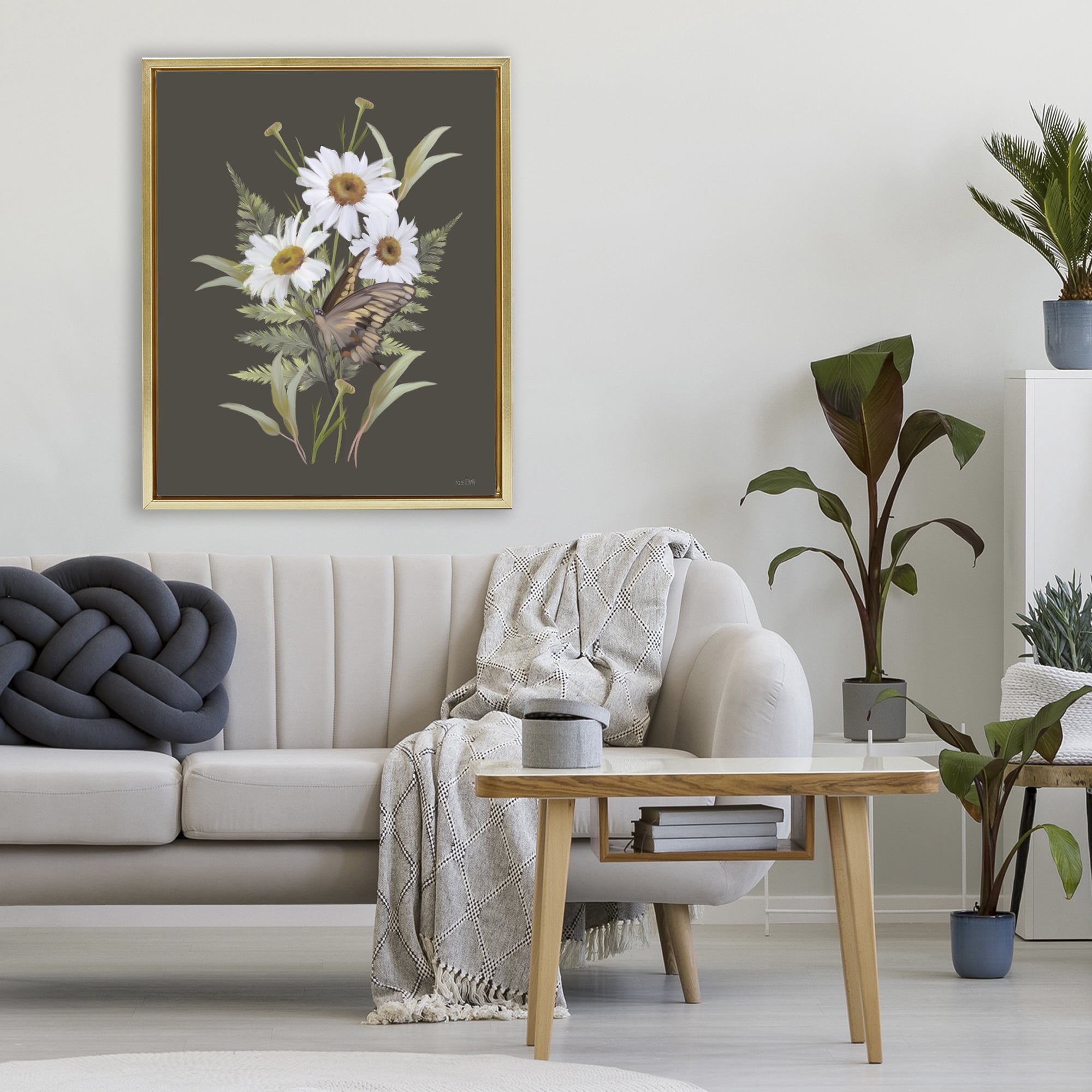 Stupell Industries Daisy Bouquet with Swallowtail Gold Framed Floater Canvas Wall Art, design by House Fenway