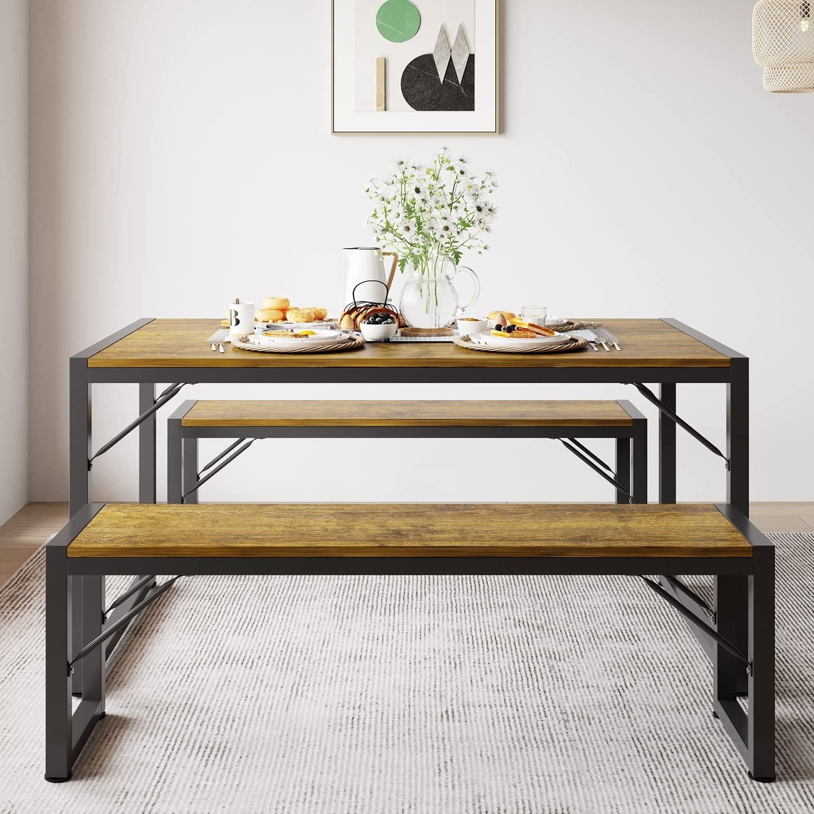 Lofka Dining Table Set for 4 with Benches - Solid Wood Kitchen Table for Small Spaces, Breakfast Nook & Apartments (Vintage Brown)