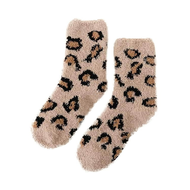WEAIXIMIUNG Chaussettes de Compression pour Hommes Femmes Automne et Hiver Décontracté Chaud Épais Imprimé Léopard Corail Bas de Sol Maison