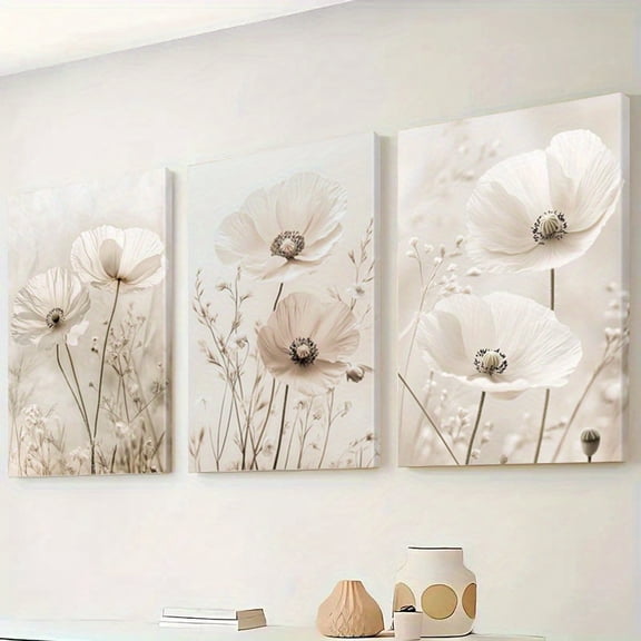 3pcs Canvas Wall Art for Living Room, Minimalist White Poppy Flower Picture, Neutral Beige Botanical 3 Panel Artwork, Framed Wall Decor for Bedroom Office