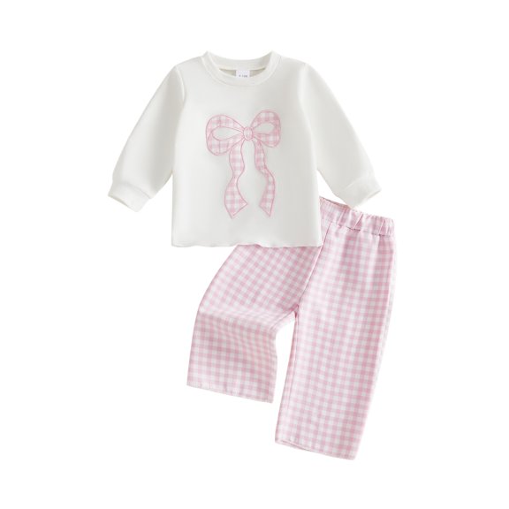 Cjfdfy Toddler Baby Girl Fall Outfit Pink Plaid Bow Embroidery Long Sleeve Tops Sweatshirt And Plaid Elastic Pants Cute Little Girl Fall Winter Outfit 6M-4Y