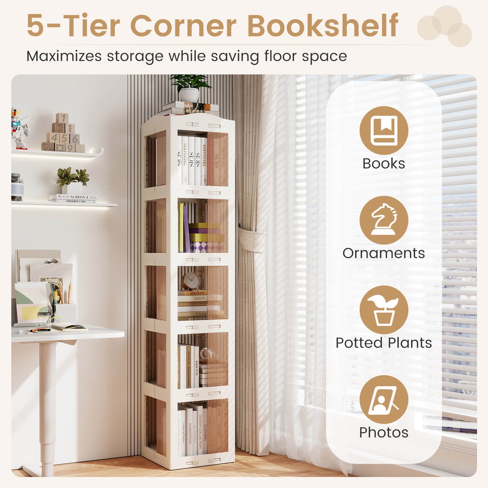 Costway 360° Spinning Bookcase with Swivel Base, 5-Tier Revolving Bookshelf Tower for Study