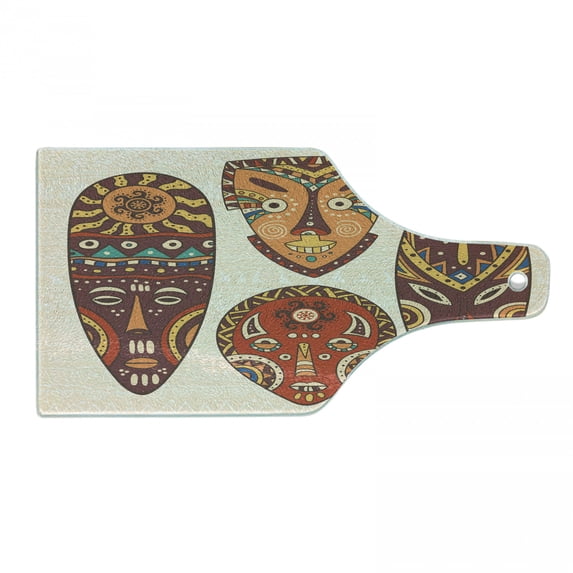 Tiki Bar Cutting Board, Designs Aborigine Art Patterns Cultural Hawaiian Print, Decorative Tempered Glass Cutting and Serving Board, Wine Bottle Shape, Multicolor, by Ambesonne