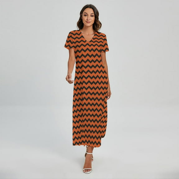 Orange Halloween Chevron Pattern Printed Short Sleeve Maxi Dress, Halloween Decorative Fashion Summer Maxi Dress For Women