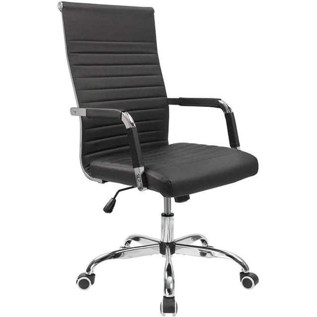 JJUN Ergonomic Office Desk Chair, Executive Ribbed Mid-Back PU Leather Conference Room Chair Adjustable Swivel Chair with Arms (1, Black)