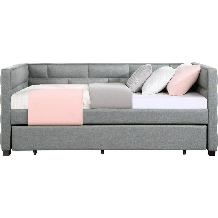 Classic Wood Daybed with Trundle Upholstered Brick Style Tufting Gray Saltoro Sherpi