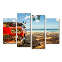 Elephant Stock Beachside Vintage Car Wall Art - Horizontal Multi Panel Canvas - Living Room Wall Decor - Beach Multi Panel - Blue And Brown Decor - 75" x 48"