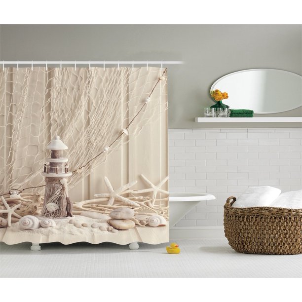 Beige Wooden Lighthouse Shower Curtain Nautical Decor by , Marine