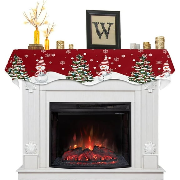 Christmas Mantle Scarf 78 x 17 Inch Snowman Xmas Tree Snowflakes Red Decor Fireplace Mantel Scarf Mantel Cover Runner for Christmas Holiday Seasonal Winter Xmas Decorations