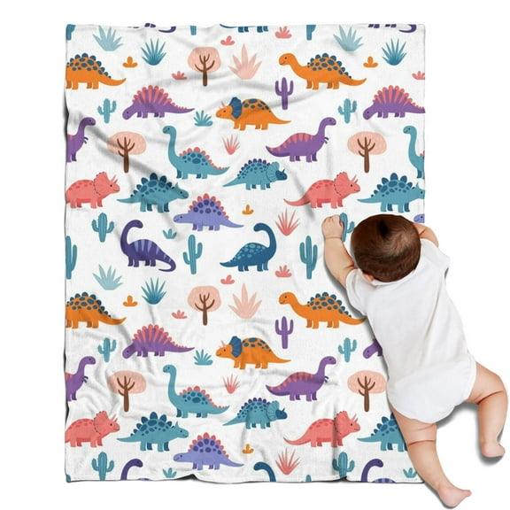 White Dinosaurs Trees Cacti Pattern Blanket,Comfortable Soft Flannel Throw Blanket,All Season,Warm Lightweight Blankets for Sofa Bed Couch Living Room Chair,30"x40"