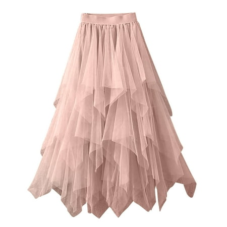 Women Spring Solid Color A-Line Elastic High Waist Long Mesh Skirt Gauze Skirt Too Too Skirt for Women Midi Skirt with Slit