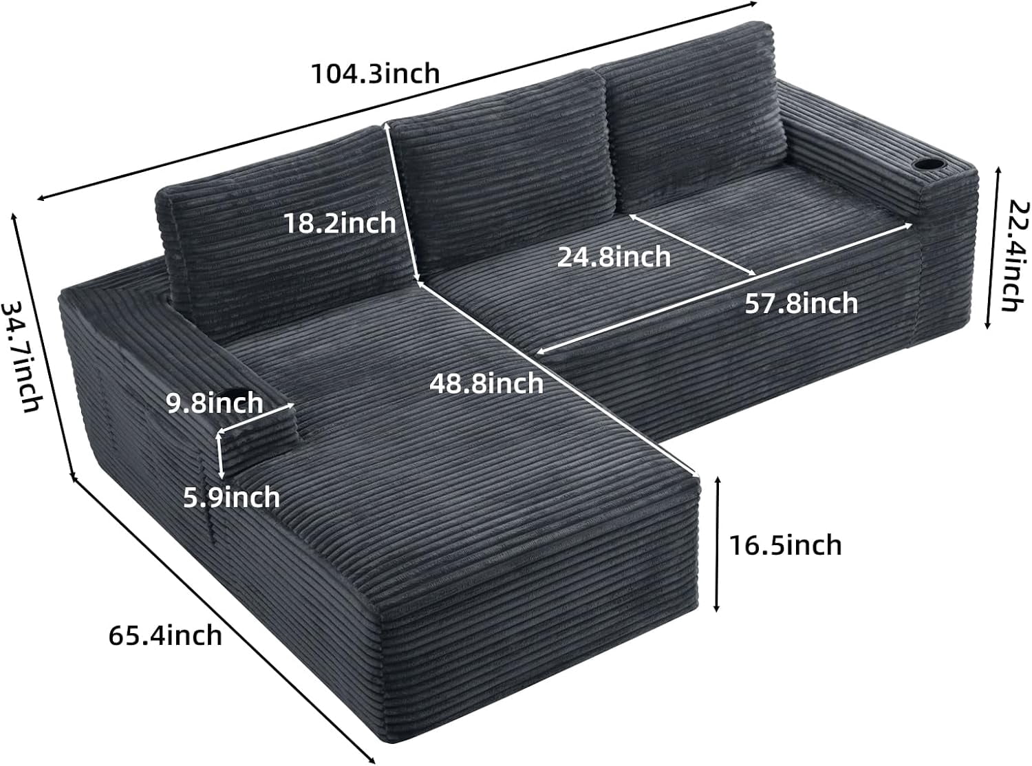 104" Cloud Modular Sectional Sofa, Corduroy Boneless L-Shape Chaise Couch with Deep Seat for Living Room Bedroom, No Assembly Required