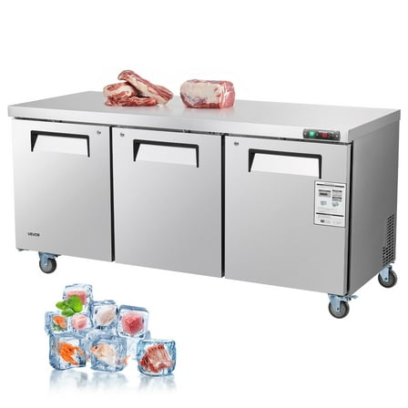 VEVOR 72" W Commercial Freezer, 17.7 Cu.Ft Worktop Freezers Undercounter with LED Auto Lighting and Lockable Door, 3 Doors Food Freezing Prep Worktable, Stainless Steel Prep Frozen Table with Casters