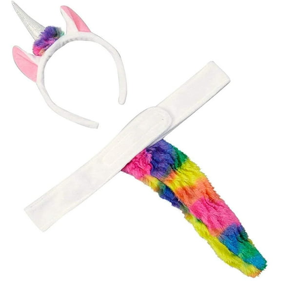 Kids Plush Rainbow Unicorn Headband and Tail Costume Accessory Set