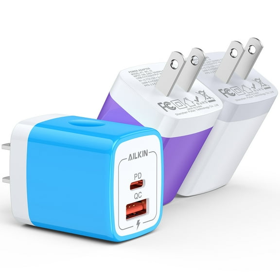 AILKIN USB C Charger,3 Pack 20W Dual Port PD USB A Fast Wall Charger Block Fast Charging Plug USB C Charger Adapter(Blue,Purple,White)