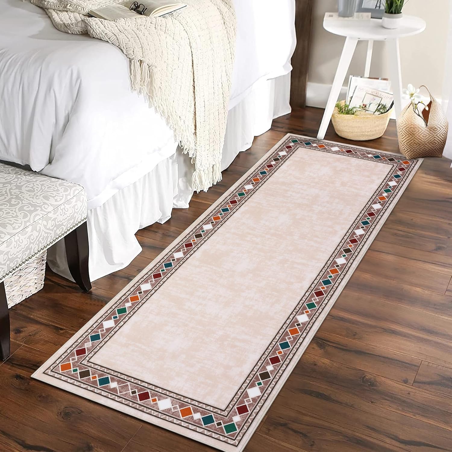 Shininglove Modern Bordered Runner Rugs 2x6ft, Machine Washable Low Pile Carpet with TPR Non-Slip Backing for Laundry Room Bedroom(Beige)