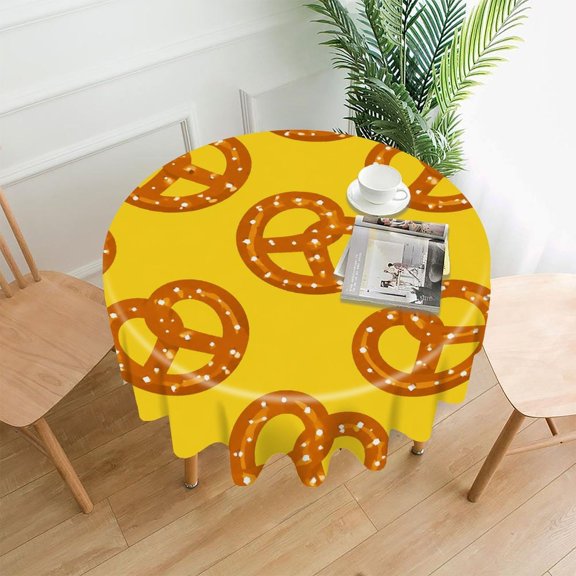 RKSupls 60 Inch Round Tablecloth, Pretzel Pattern Yellow Premium Polyester Straight Edge Wrinkle Resistant Washable Table Cover for Party Home Dining Decor