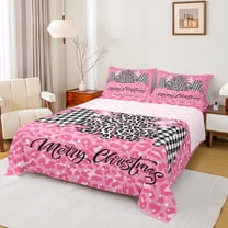 Homewish Pink Leopard Pattern Twin Sheet Sets,Merry Christmas Twin Fitted Sheet,Plaid Xmas Tree Flat Sheet For Girls,Breathable Home Decor,3 Pieces