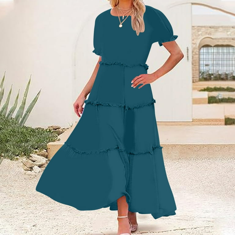 WRKEKC Short Sleeve Dress for Women, Womens Plus Size T-Shirt Dresses,  Women's Casual Trendy Lace Solid Color Short Sleeve Round Neck Dress -  Walmart.com