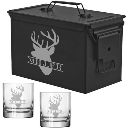ROLYAD 50 Caliber Ammo Box Metal Ammunition Case Steel Storage Can with 11oz Rocks Whiskey Glasses (Deer Antler Head Hunting) Black