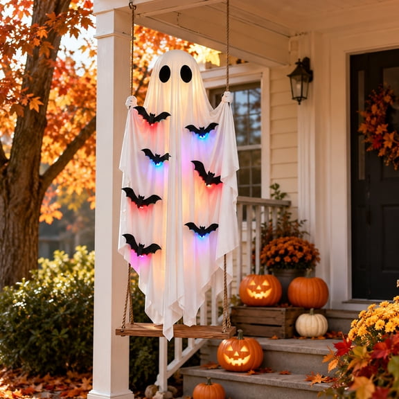 Halloween Decorations Ghost Light Up Swing Hanging Decoration with Remote Control, Glowing Bat Accent, Halloween Outdoor Yard Decor, Porch Tree Party Display