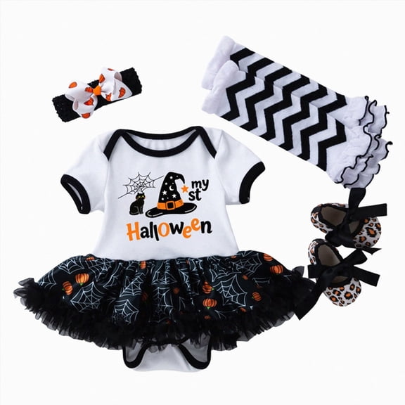 KPOPLK 4 Piece Baby Girl Halloween Tutu Outfit 3 6 9 12 18 Months Skirted Romper Headband Socks  Shoes Halloween Clothing Set Size 3-6 Months,Black