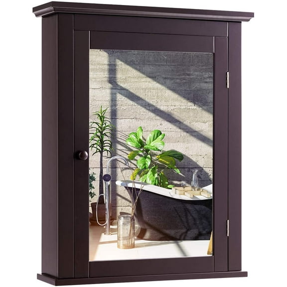 Giantex Bathroom Medicine Cabinets, Wall Mount Mirrored Storage Cabinets w/Single Door & Adjustable Shelf, Multipurpose Wooden Organizer for Hallway Living Room Bedroom, Brown