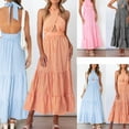 thumbnail image 4 of Women Summer for Cross Halter Neck Backless Maxi Long Swing Dress Boho Plaid Print Empire High Waist A-Line Tiered Ruffle Flowy Sleeveless Sundress, 4 of 21