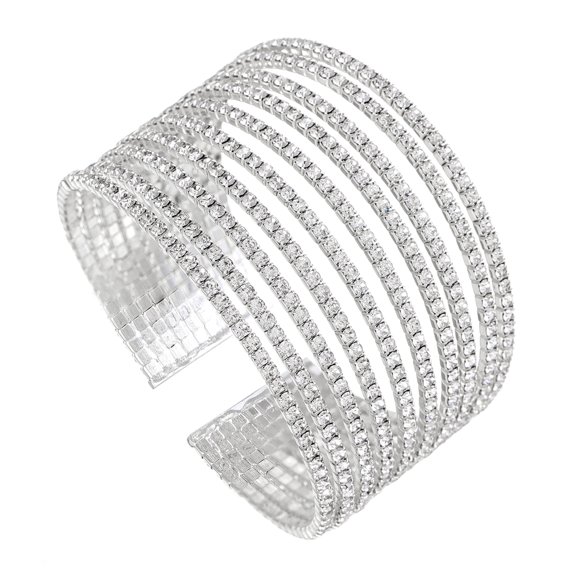 Bling Layered Chunky Wide Silver/Gold Crystal Rhinestone Cuff Bangle Bracelet for Women Formal Party Prom Wedding