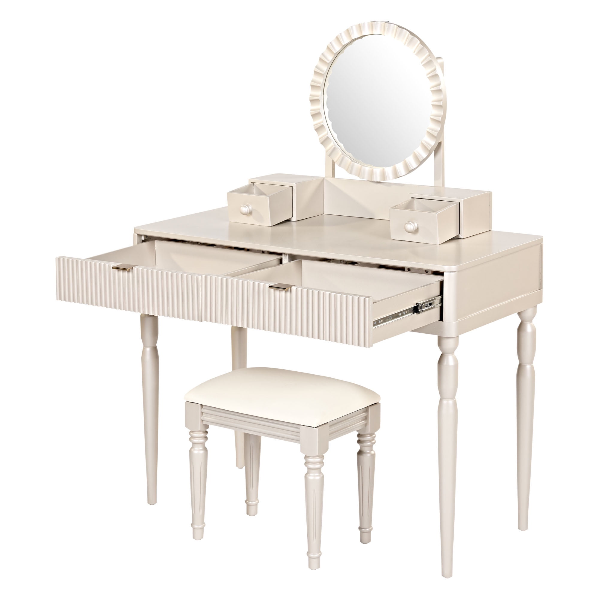 Homy Casa Makeup Vanity Table with Round Mirror, 4 Drawers & Stool, Cream White