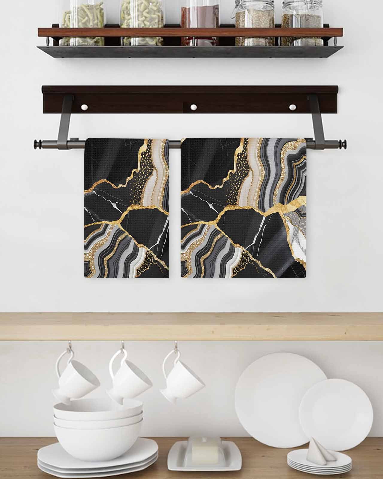 Black Marble Kitchen Dish Towels for Drying Dishes Set of 4, Grey Gold Texture Vintage Farmhouse Art Waffle Weave Microfiber Hand Tea Bathroom Towels Quick Dry & Absorbent Towel 15.7x23.6